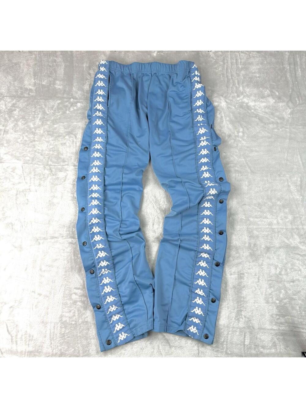 Y2K Kappa Track Pants Blue Snap Button Logo Tape Side Stripe Vintage SizeL Baggy